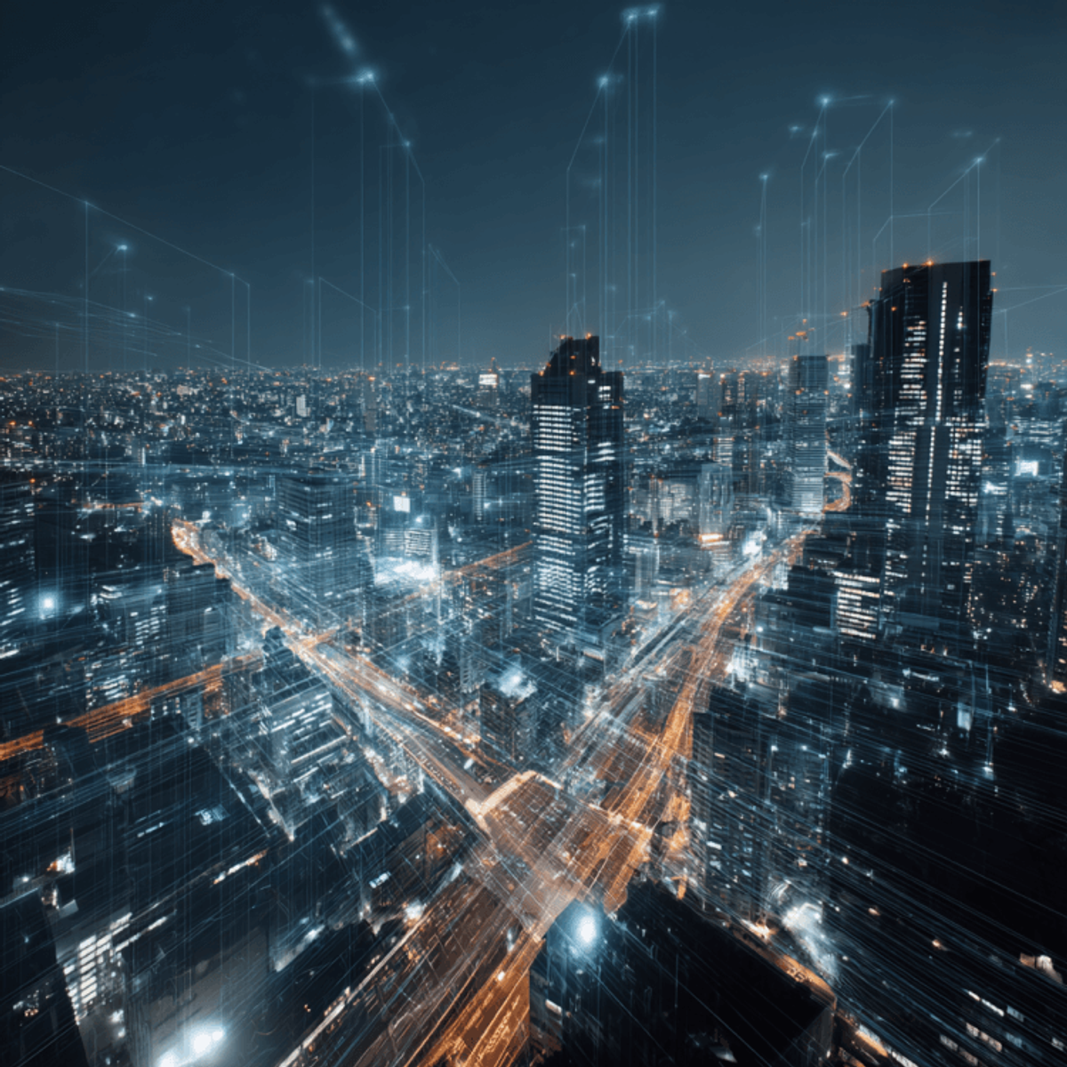 Futuristic cityscape with digital connectivity overlay