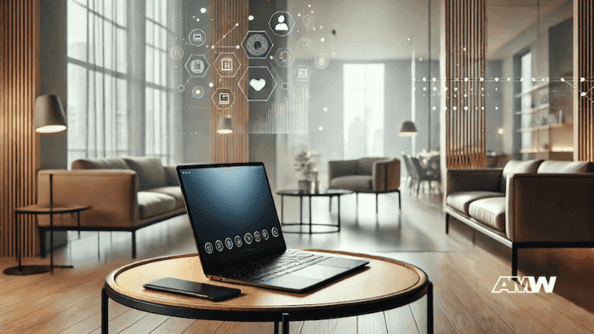 Modern workspace with laptop, smartphone, diagrams