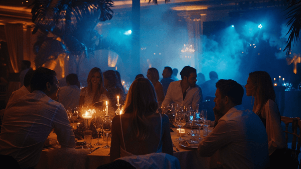 Elegant dinner party with illuminated conversations.