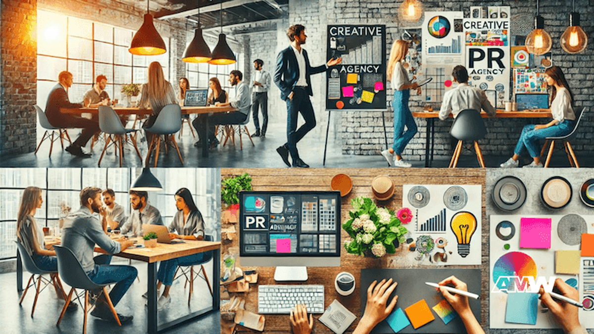 A creative studio with PR and CREATIVE AGENCY signage on the wall, people working at tables with laptops, mood boards, colour swatches and sticky notes.