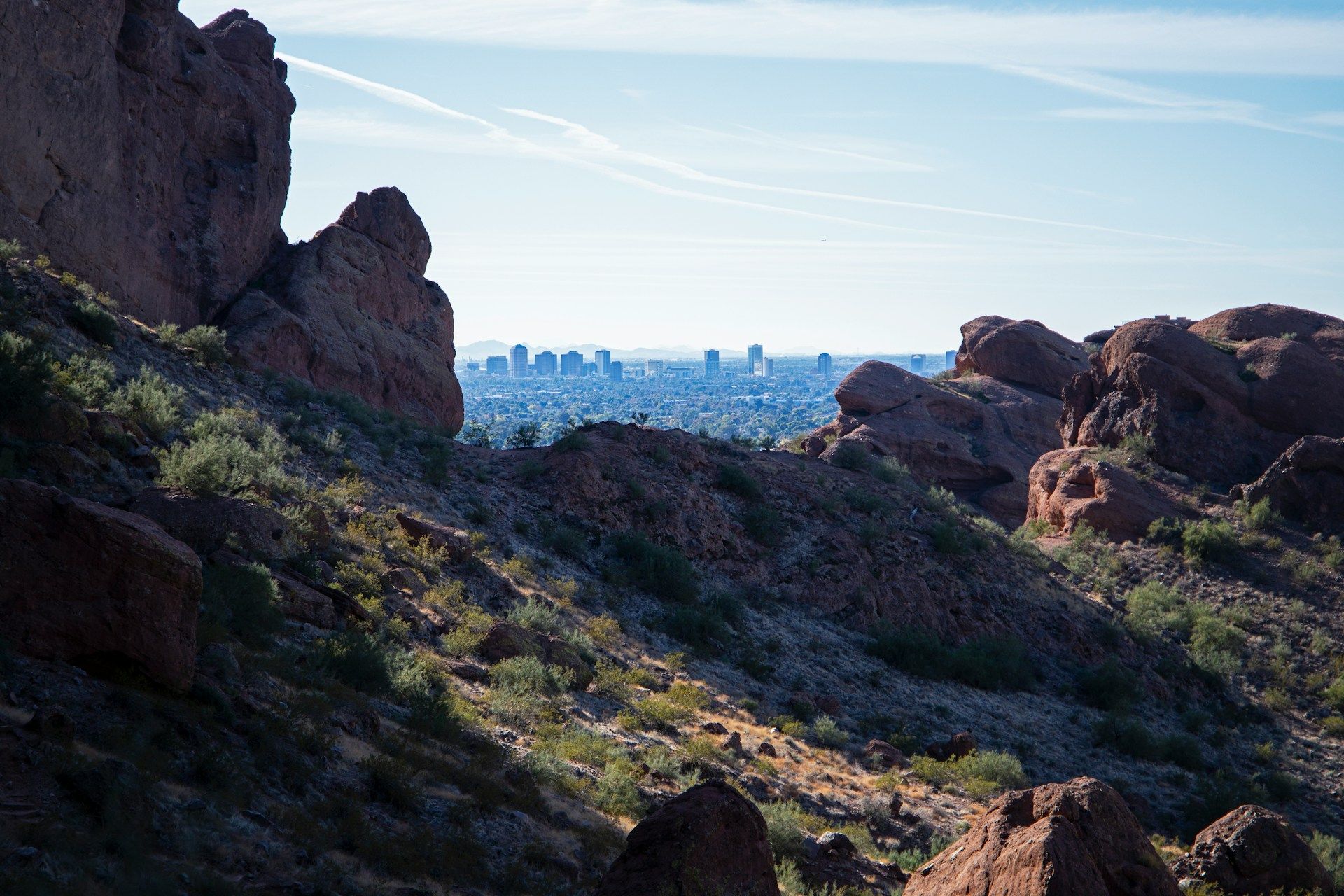 Downtown Phoenix seen from the red rocks of Papago Park — digital marketing in Phoenix