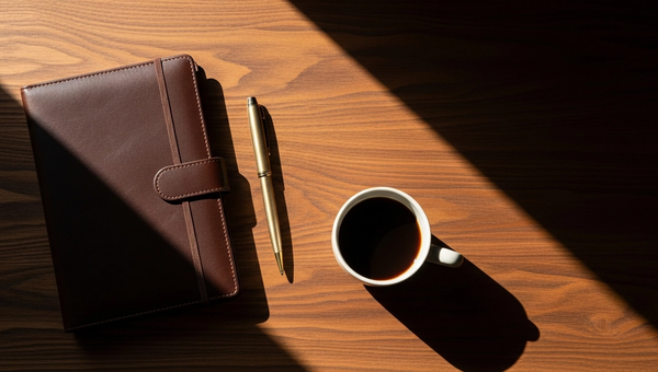 Artistic overhead shot of premium dark walnut desk with leather planner, gold pen, and espresso