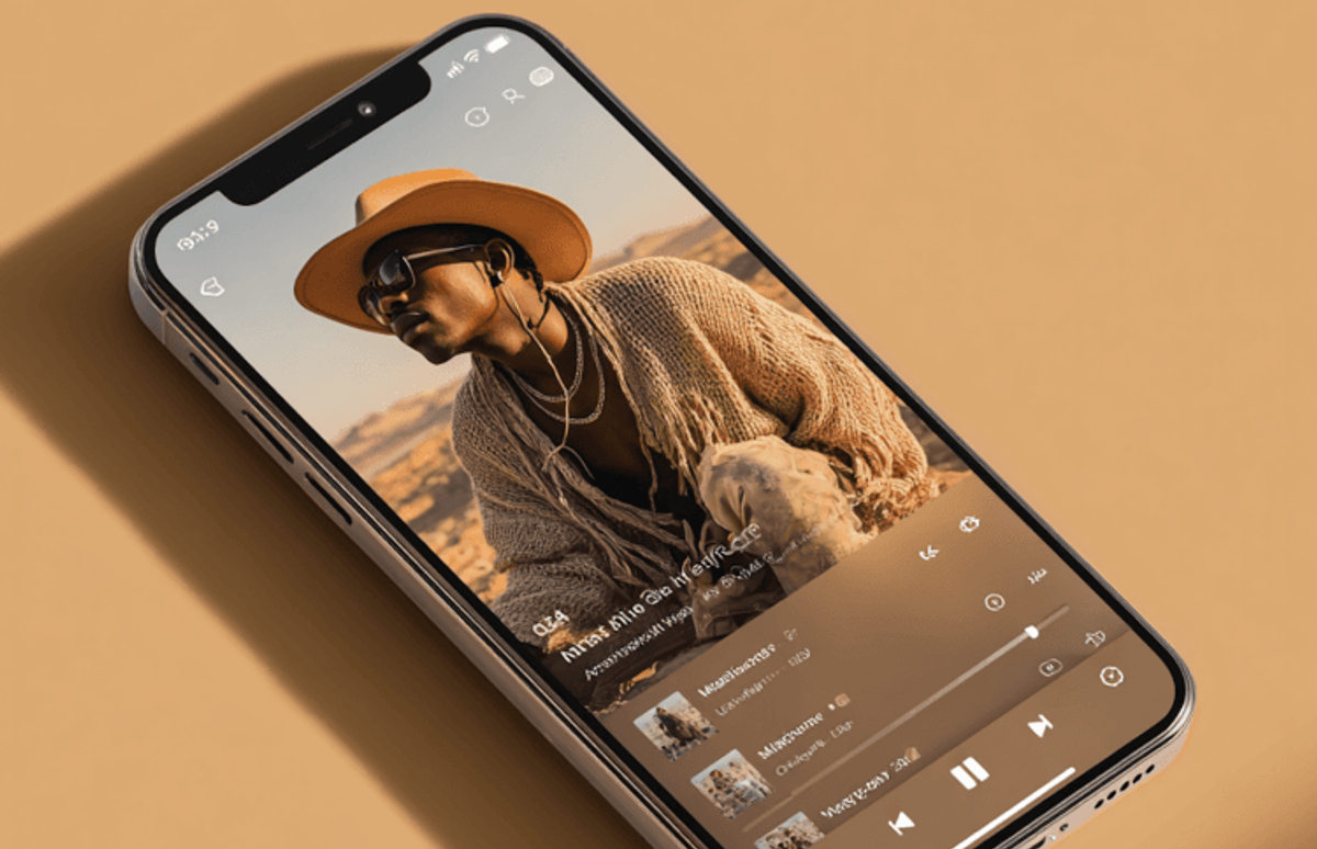 Smartphone displaying music app interface with musician photo.