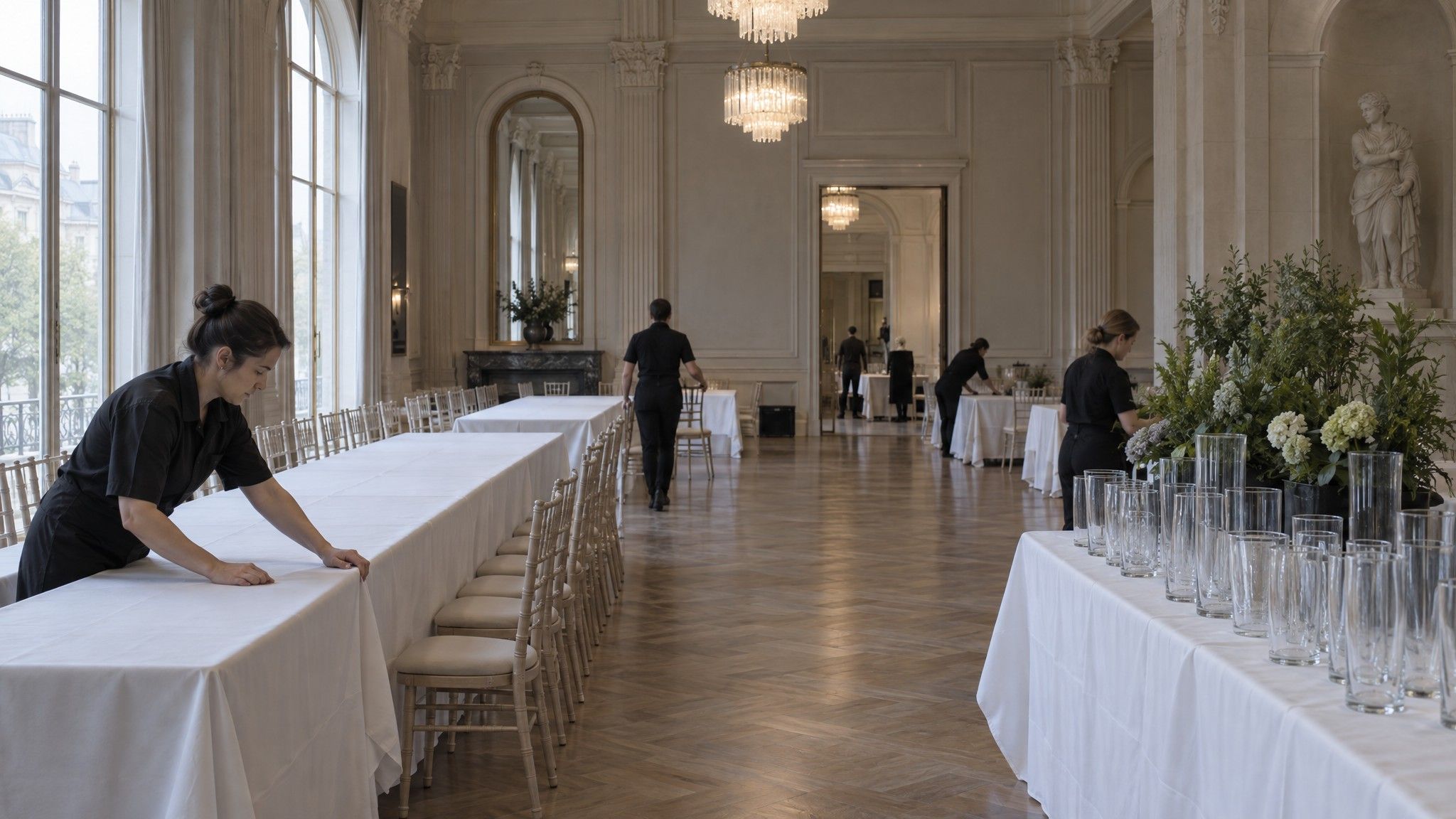 Gala venue setup with bare white tablecloths and empty vases