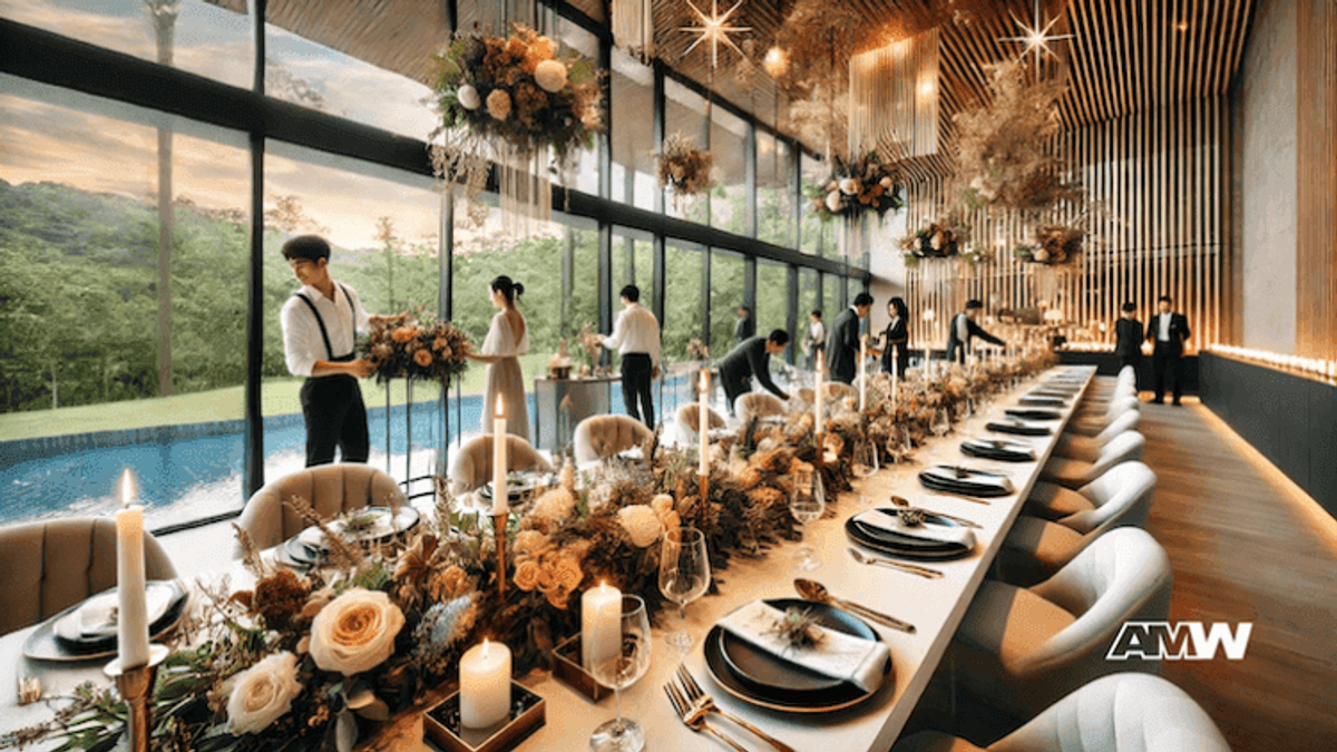Luxury wedding reception with elegant decor and scenic view.