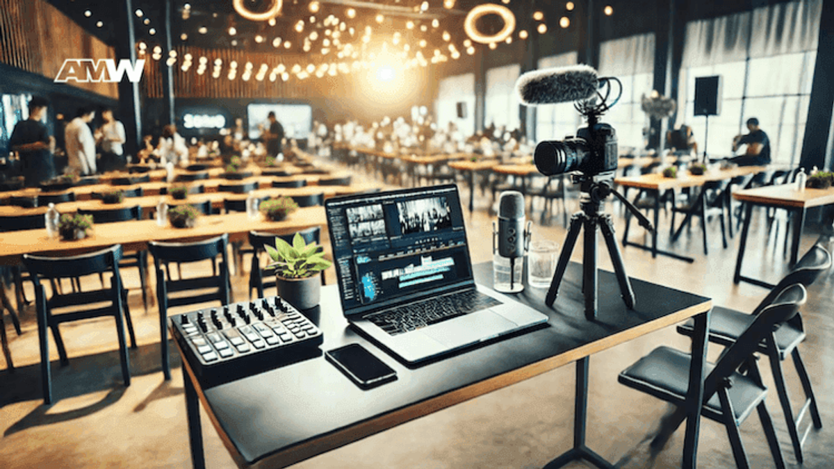 Conference setup with laptop, camera, and microphone.