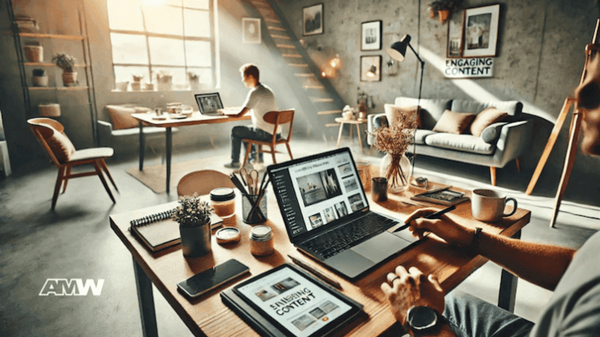 Workspace with laptops, tablets, and people working