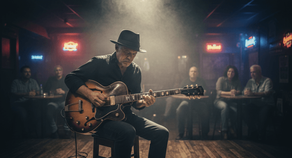 Guitarist performs live in intimate jazz club.