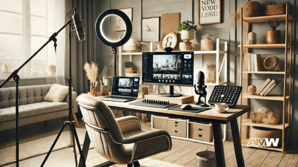 Modern home office with digital gadgets and decor.