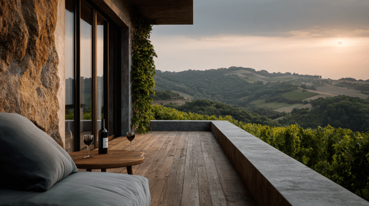 Scenic vineyard view from a sunlit patio at sunset.