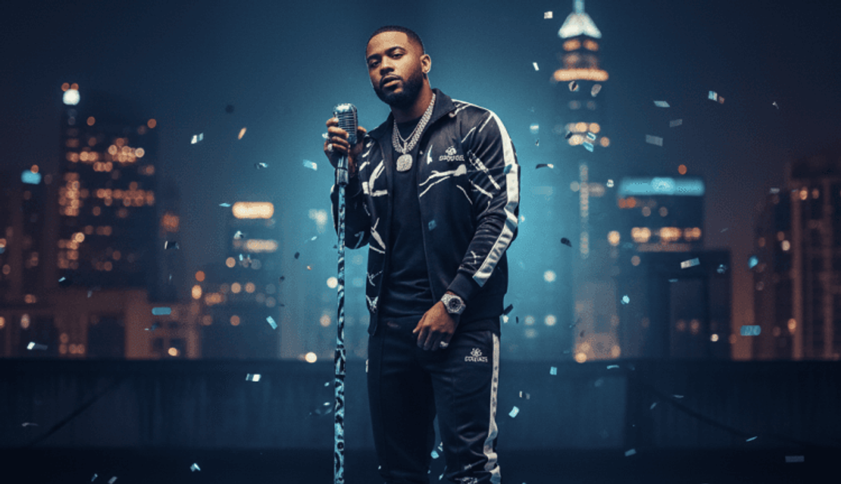 Man singing on rooftop, city lights in background.