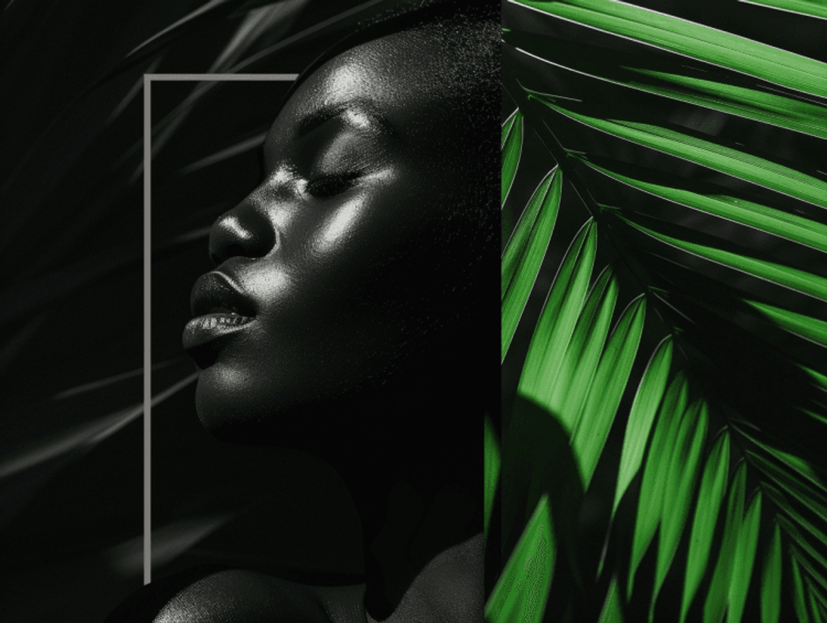 Profile of woman with glossy skin and leaves