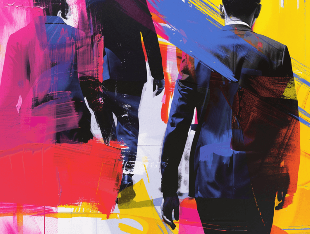 Abstract painting of suited figures with colorful brushstrokes.