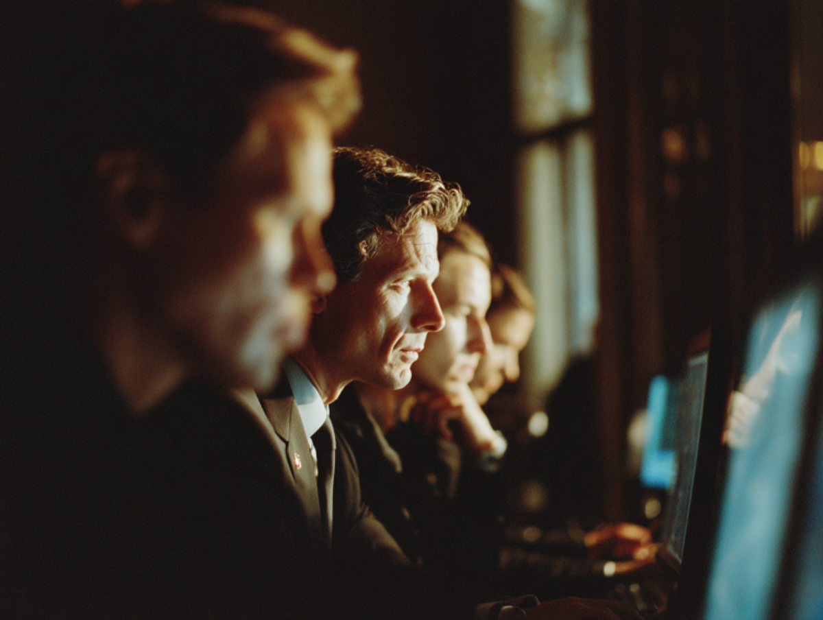 Focused people working on computers in dim lighting.