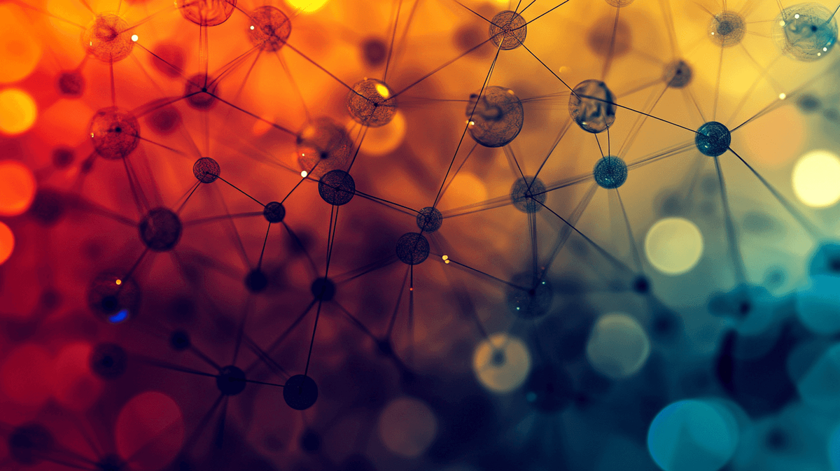 Colorful network of connected spheres in abstract design.