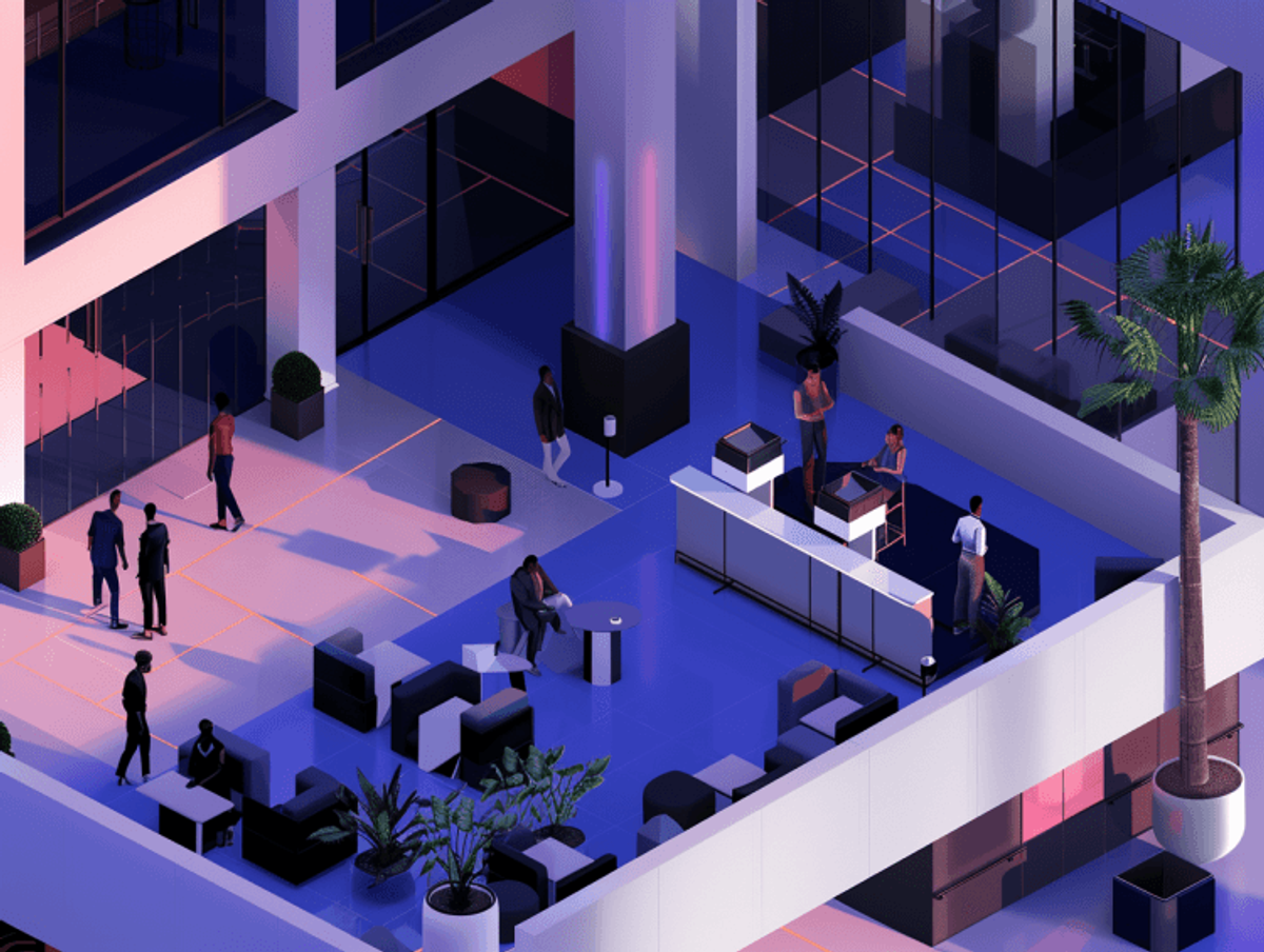 Modern office lobby with people and seating areas.