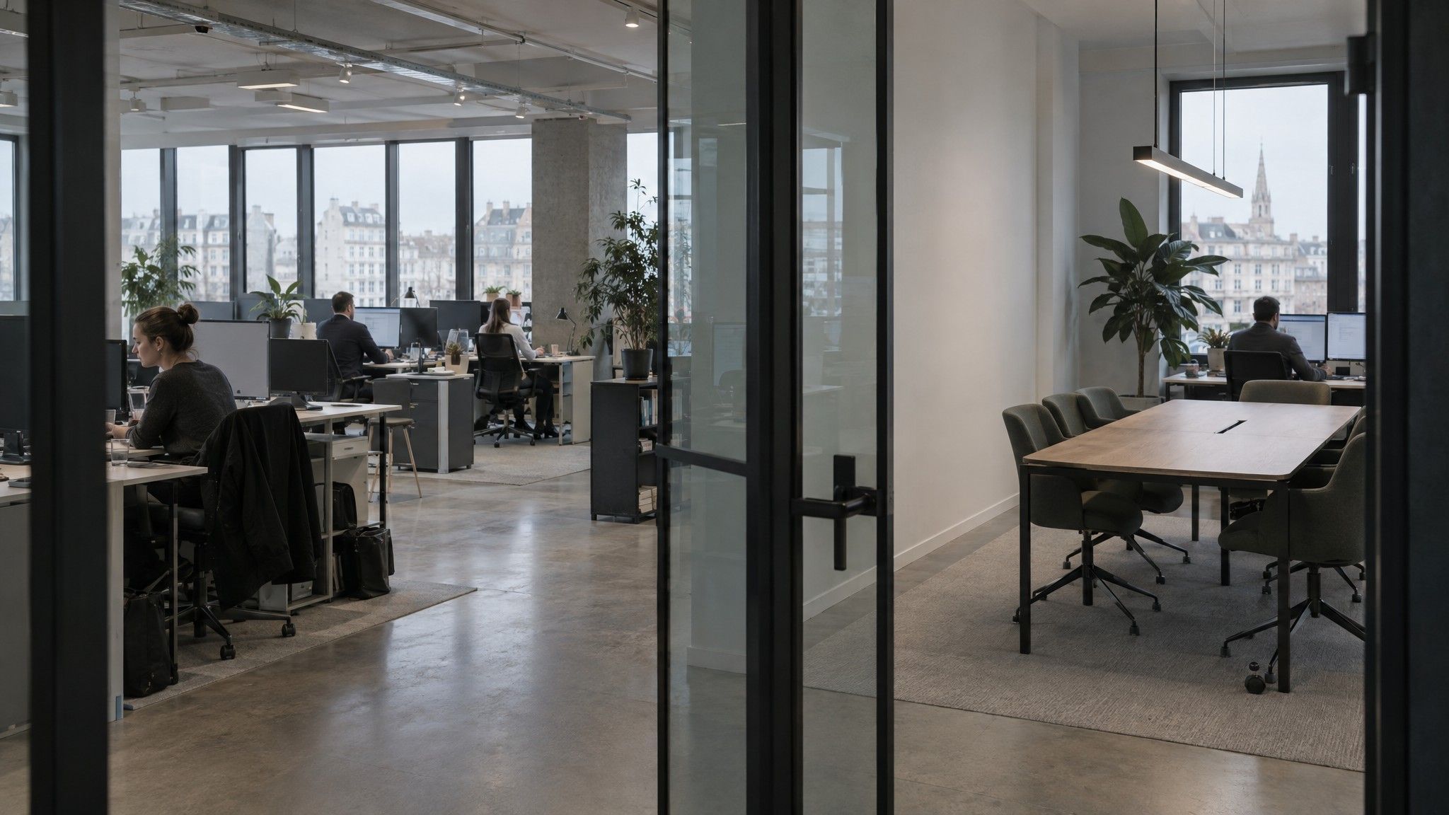 Large open office seen from a small room with a single table