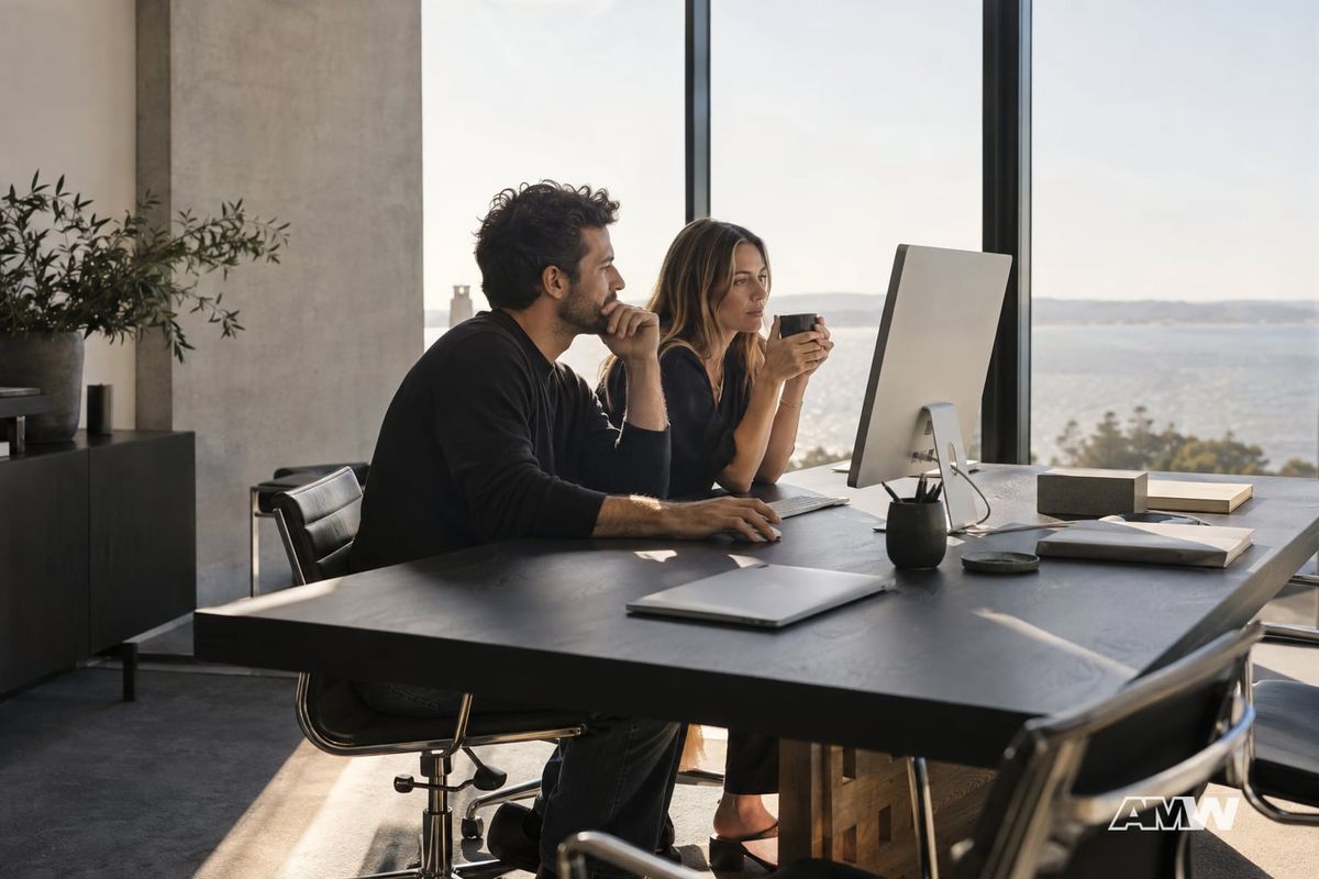 A man and woman sit side by side at a desk in a sunlit office, looking at a computer monitor.