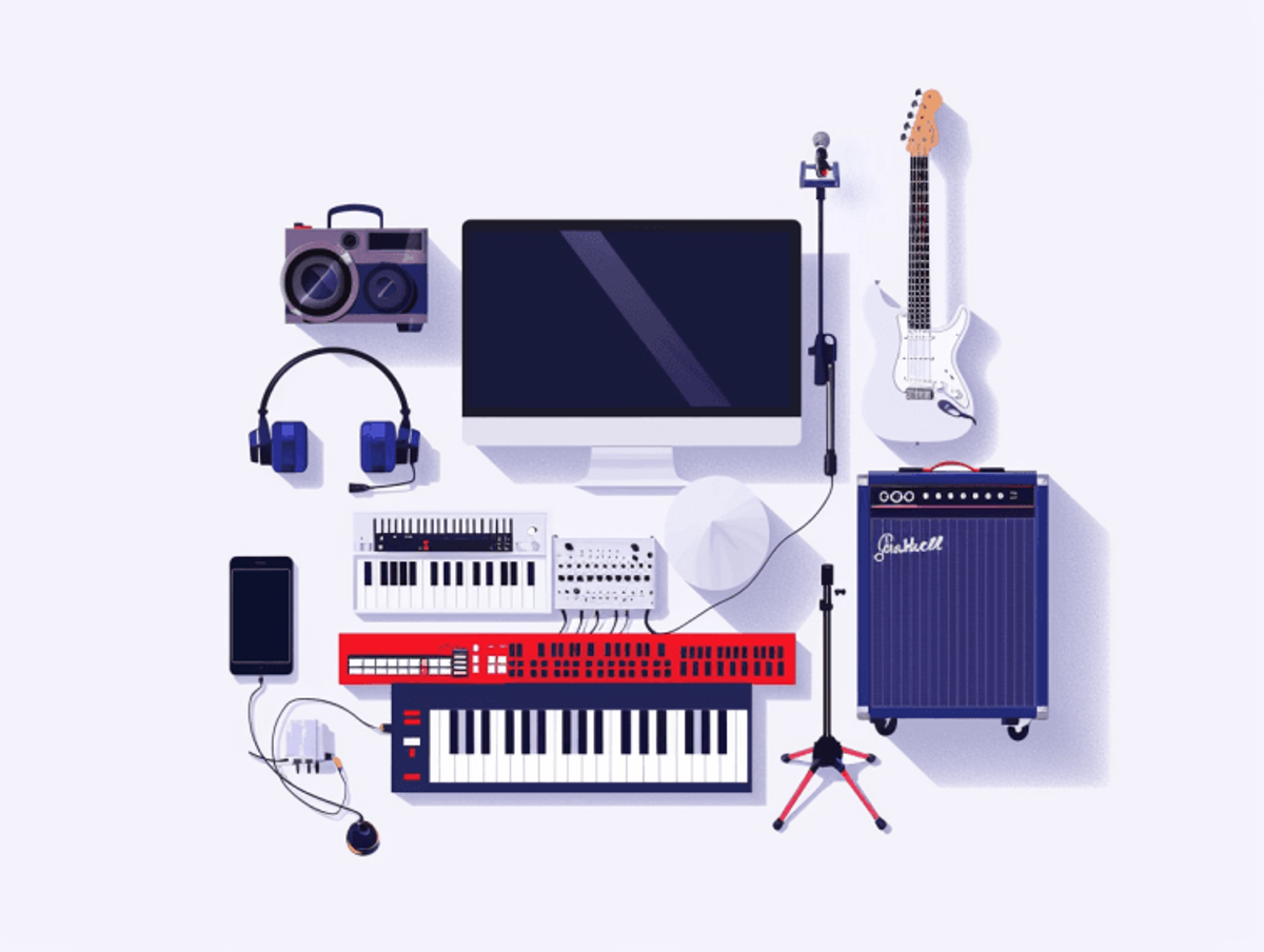Music studio equipment arrangement with computer and instruments.