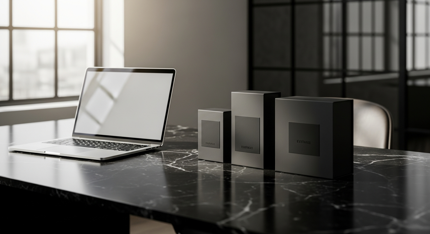 Premium workspace with dark marble desk and elegant matte black product packaging