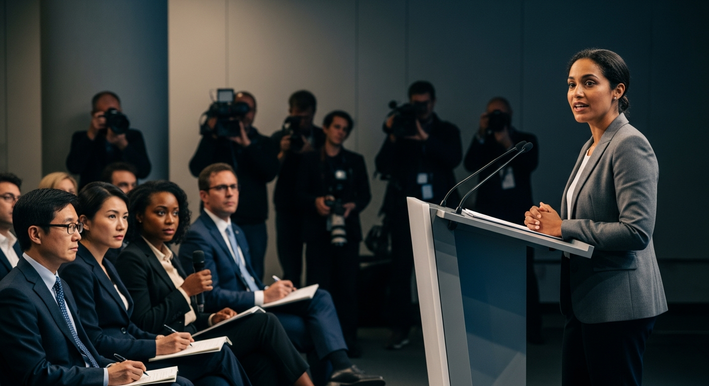 Sophisticated press conference venue representing professional PR services