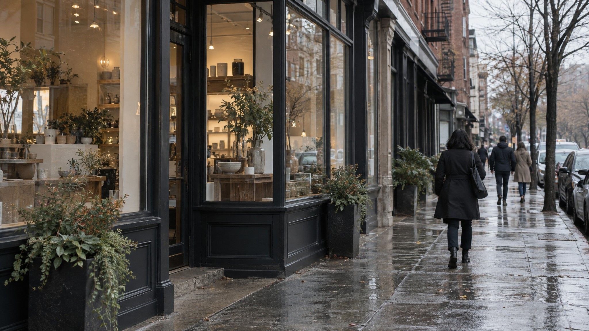 Quiet main-street storefront with clean windows on a wet morning