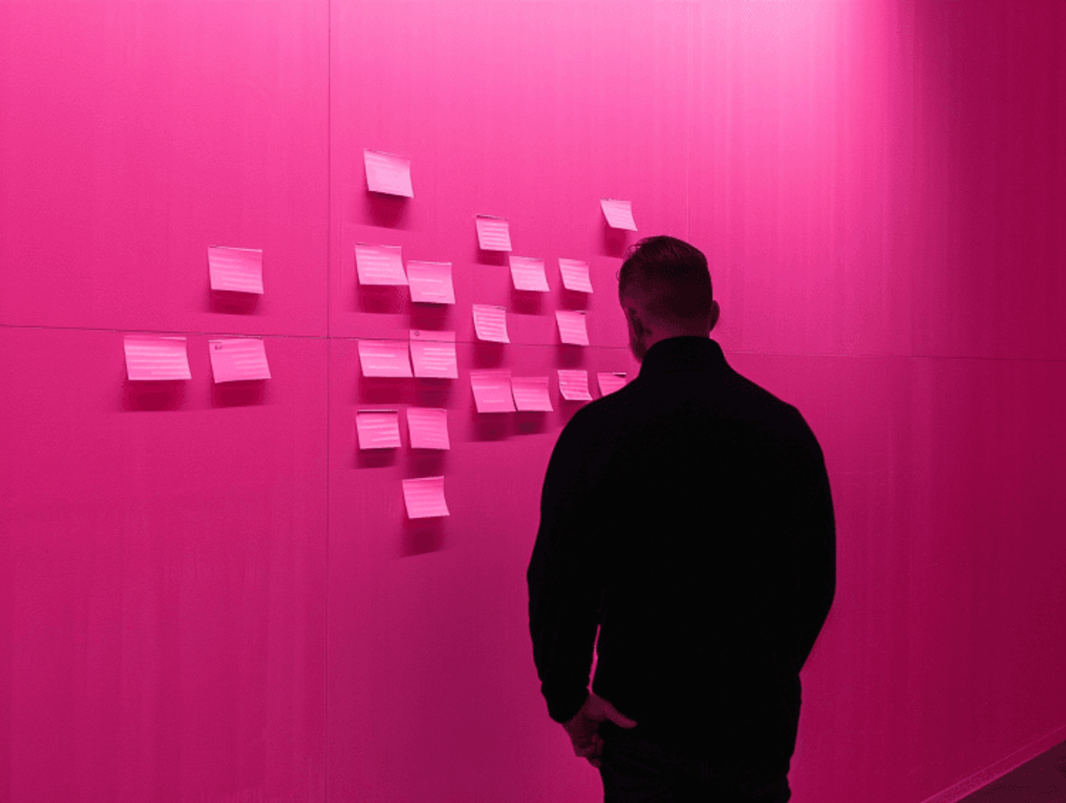 Person observing pink sticky notes on pink wall.