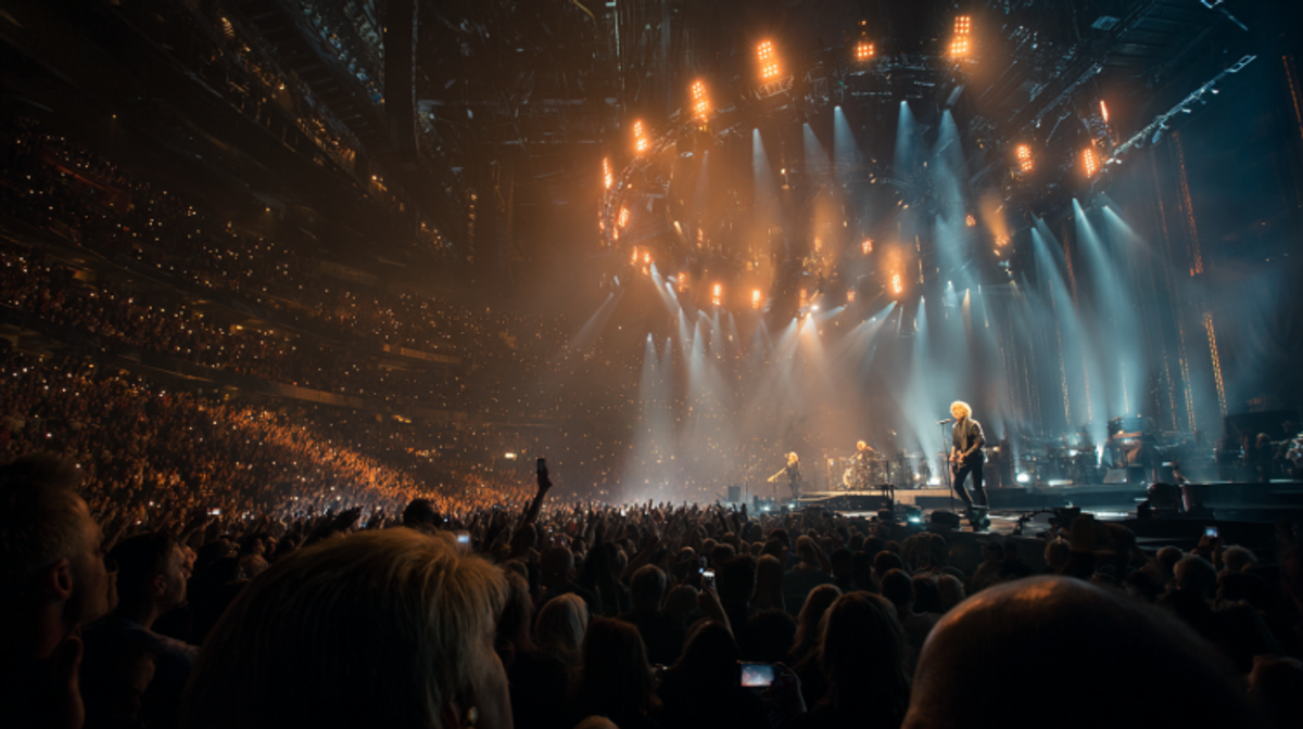 Rock band performing live on large stage.