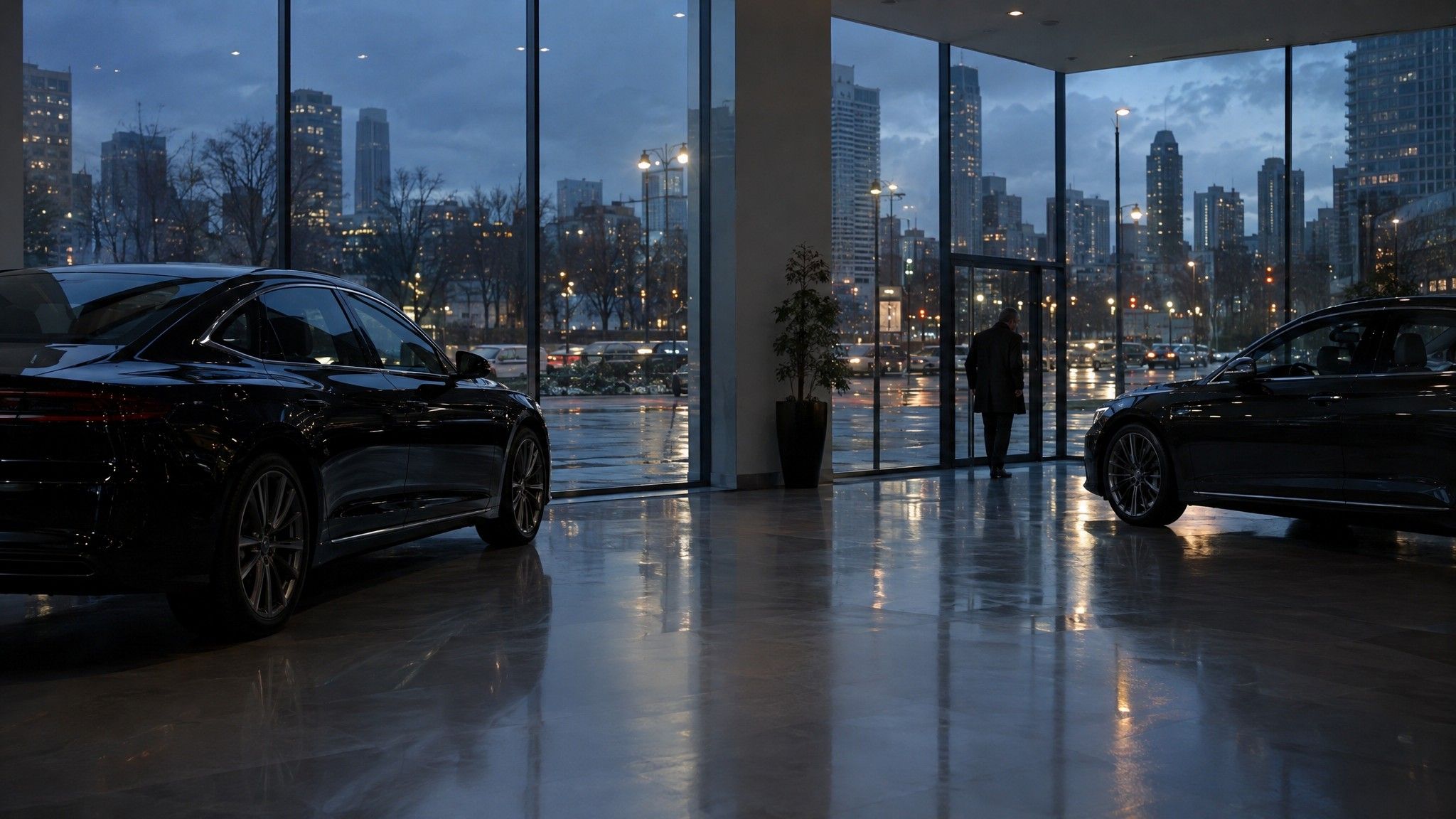 Car showroom after hours with dark sedans on a polished floor