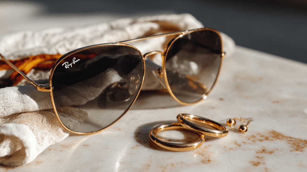 Gold sunglasses with jewelry on marble surface.