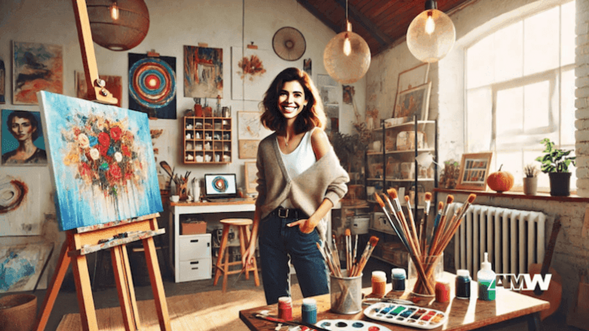 Artist in studio with colorful paintings and brushes.