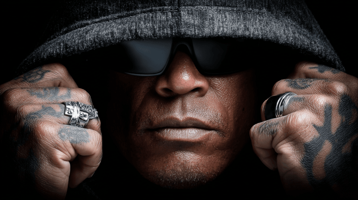 Hooded tattooed man with rings and sunglasses.