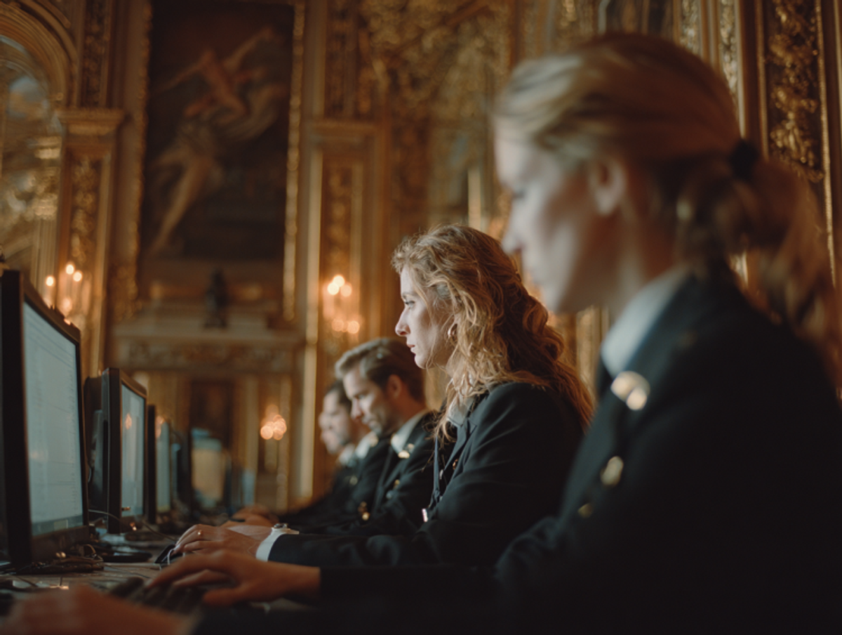 Elegant office workers in ornate historical setting.