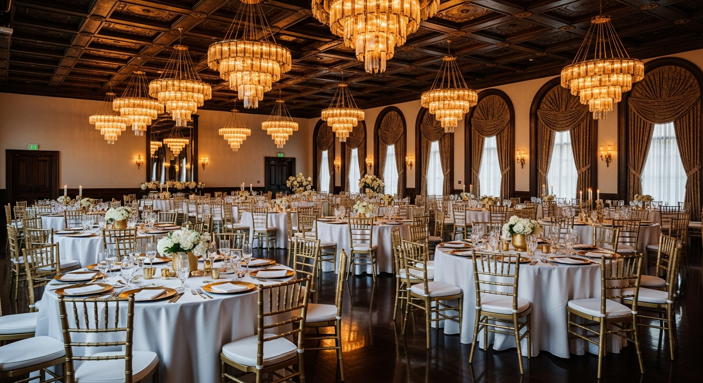 Luxury Houston event venue ballroom with warm chandeliers and elegant settings