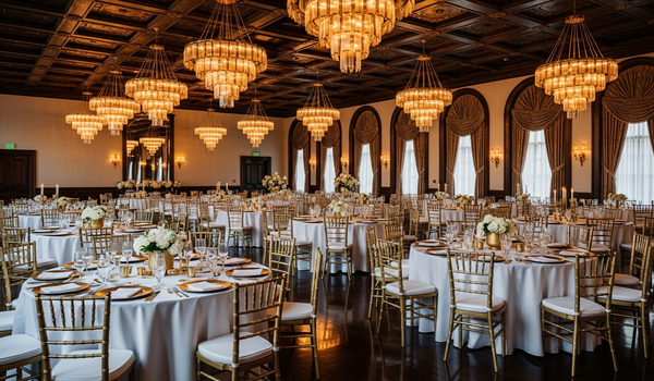 Luxury Houston event venue ballroom with warm chandeliers and elegant settings