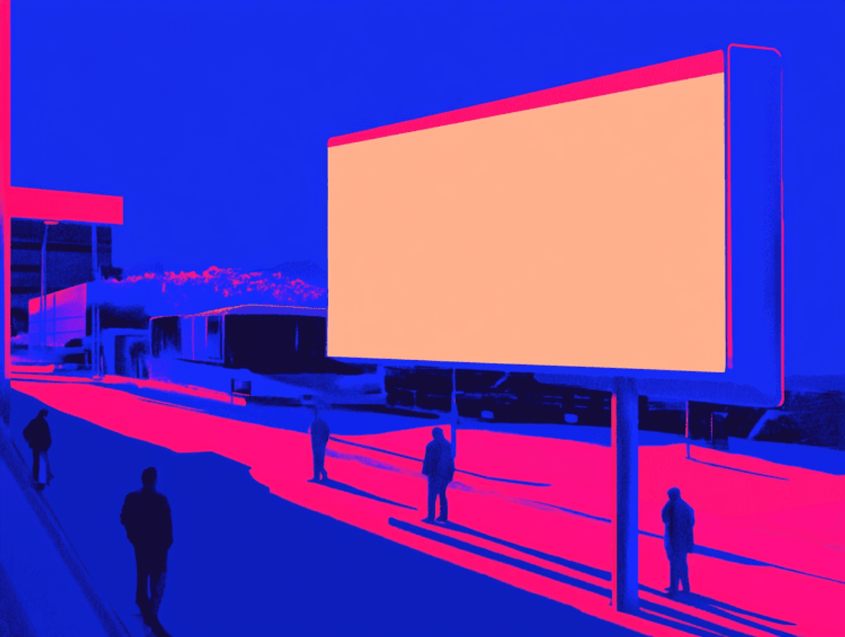 Abstract street scene with large blank billboard.