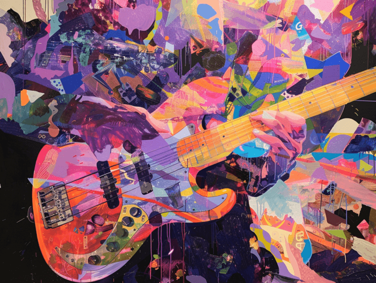 Colorful abstract painting of guitarist playing electric guitar.