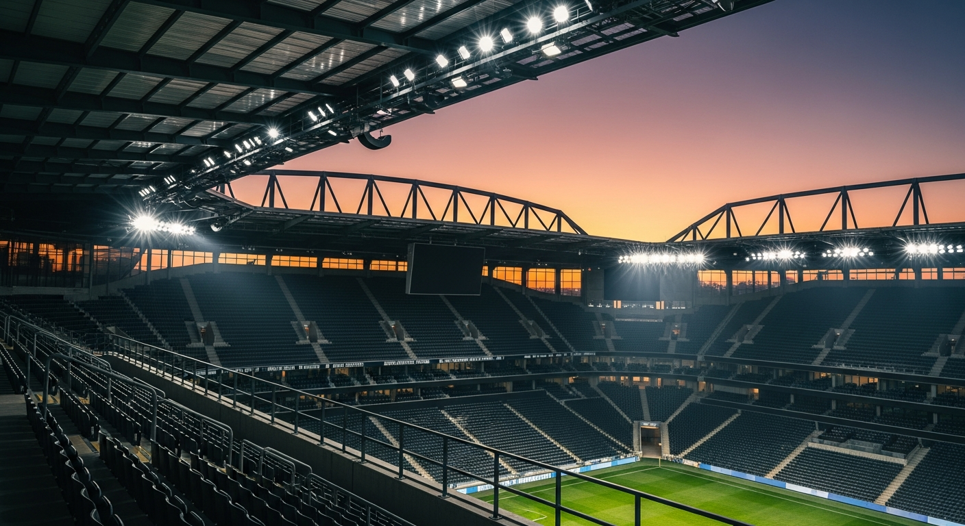 Modern stadium at dusk representing the global sports marketing industry