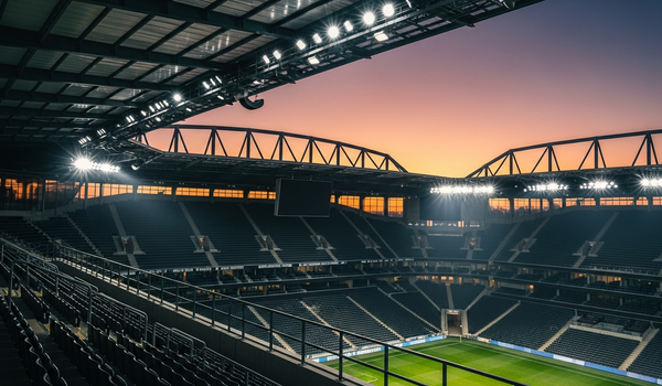 Modern stadium at dusk representing the global sports marketing industry