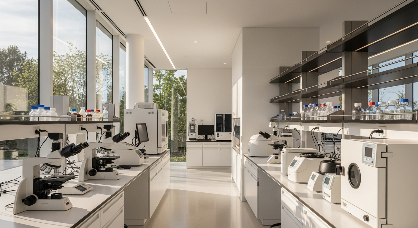Modern medical research laboratory with premium equipment and natural lighting — best healthcare content marketing agencies