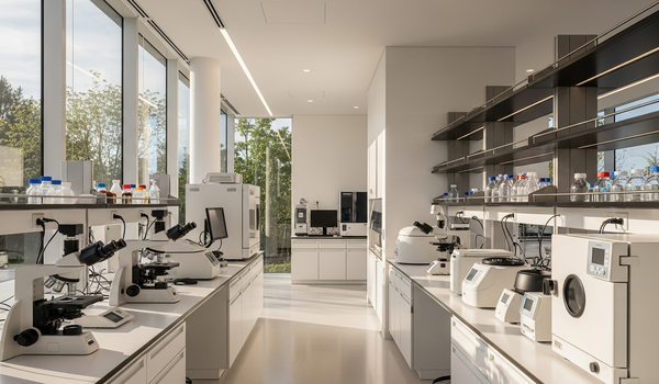 Modern medical research laboratory with premium equipment and natural lighting — best healthcare content marketing agencies