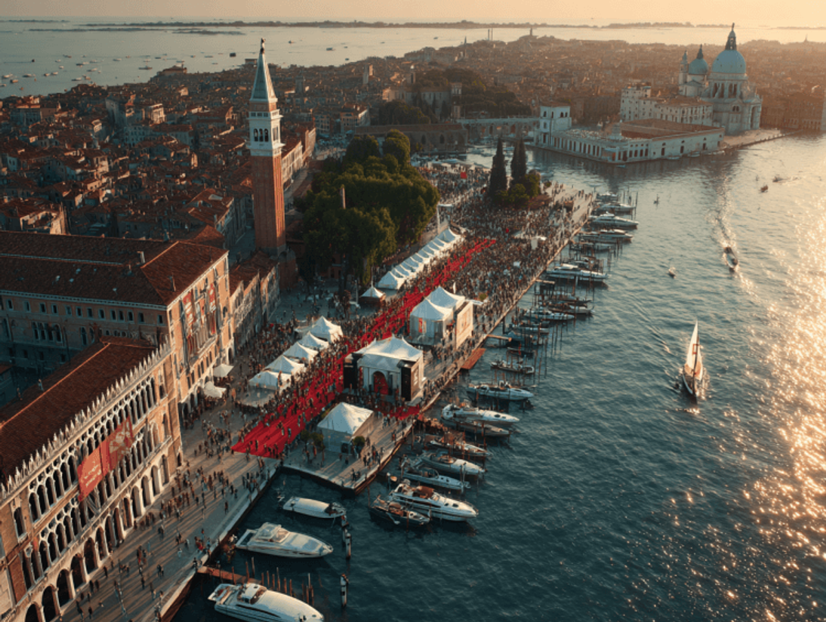 Aerial view of Venice waterfront during sunset festival.
