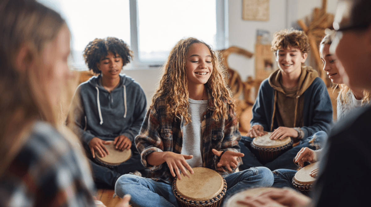 Group of kids playing drums together
