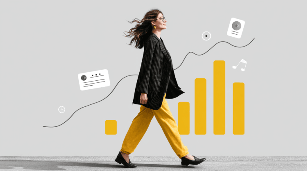 Woman walking with business graphics and icons