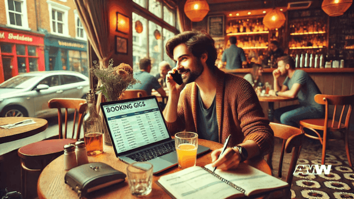 Man scheduling gigs in cozy café.