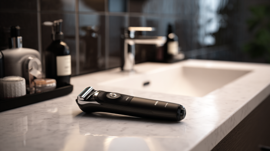Electric shaver on bathroom countertop
