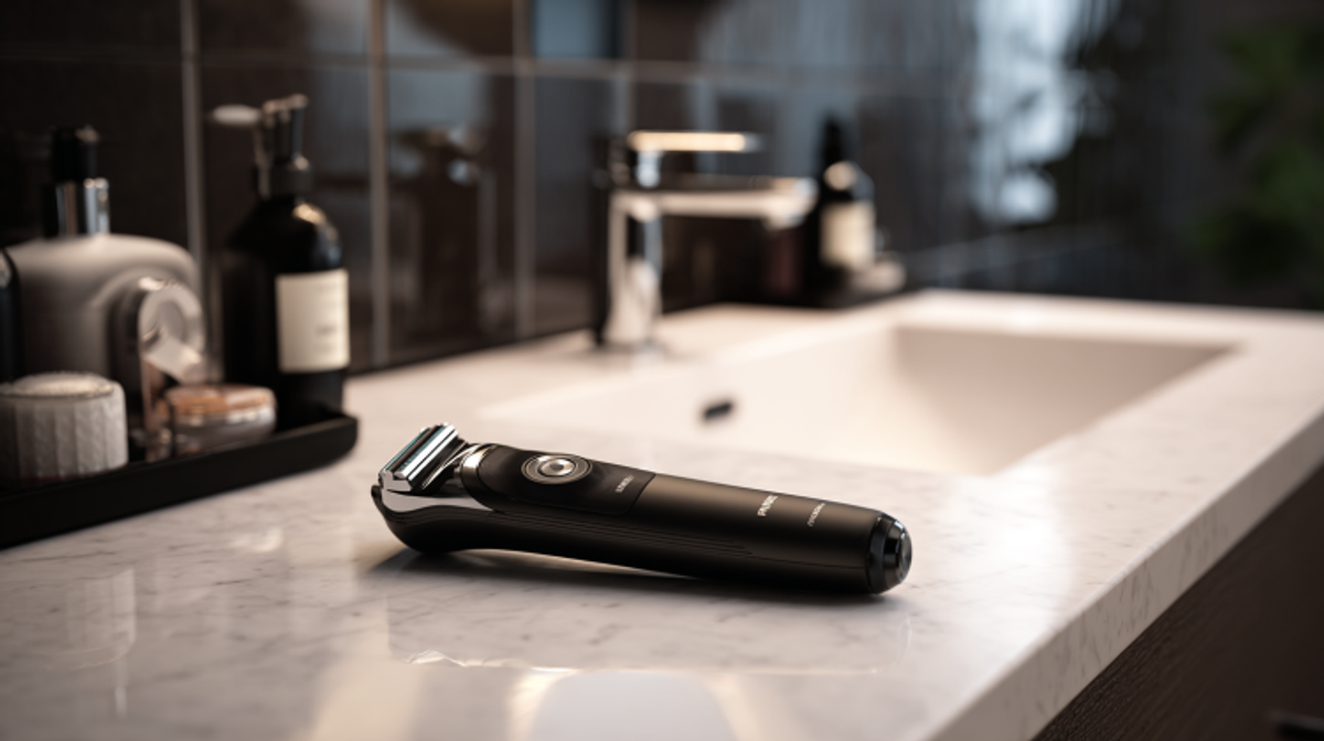Electric shaver on bathroom countertop