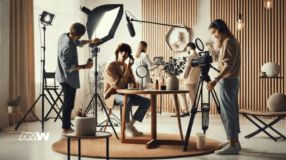 Video production crew filming in a studio