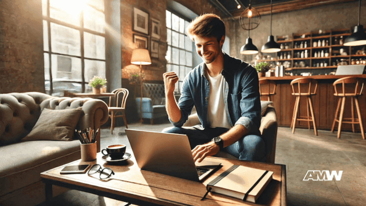 Man working on laptop in cozy coffee shop.