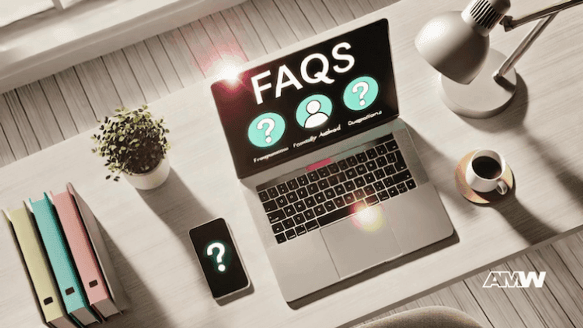 FAQs on laptop and phone screen.